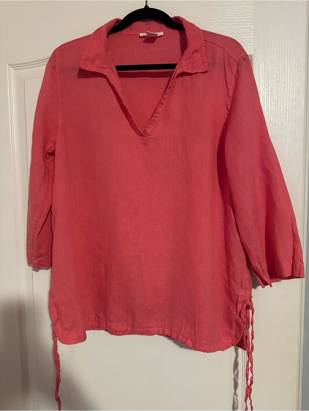 Isaac Mizrahi Coral 100% Linen Split V-Neck Tunic Top Side Tie Size L